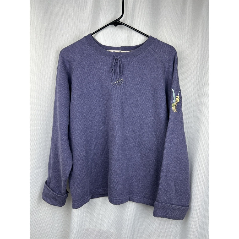 Disney Vtg Tinker Bell Embroidered Thermal Sweatshirt Purple Bow Wand Fairy L